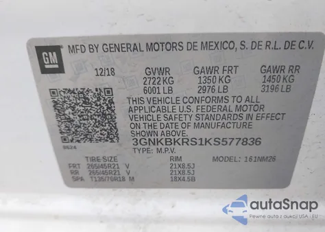 2019 Chevrolet Blazer Premier из США, поврежденный, VIN 3GNKBKRS1KS577836